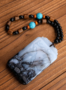 天然和田玉青花玉山水牌手把件大好河山大号平安牌挂件把玩件