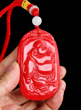 和田玉红玉弥勒佛玉佛手把件精雕笑佛大肚佛大号平安牌玉挂件