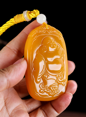 和田玉黄玉弥勒佛玉佛手把件精雕黄龙玉笑佛大肚佛平安牌玉挂件