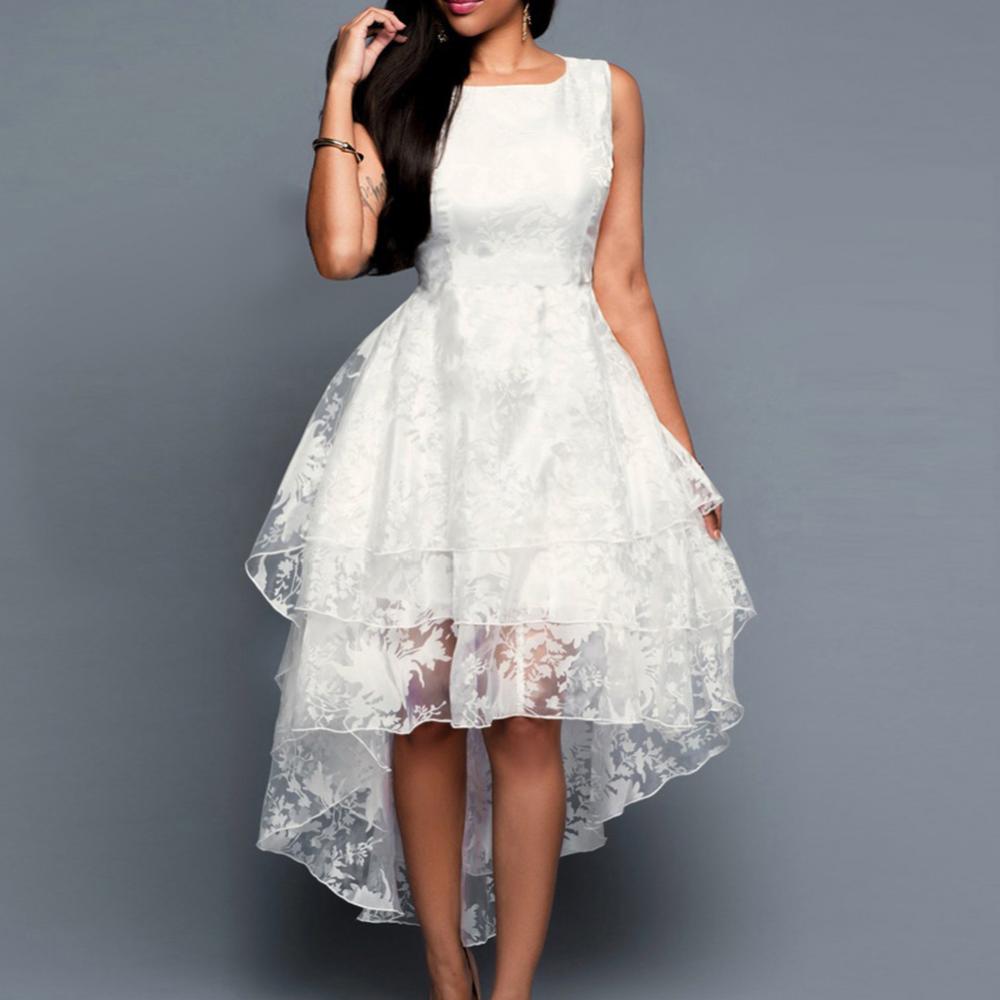 Elegant Women Dresses White Sleeveless O Neck Lace Irregular - 图0