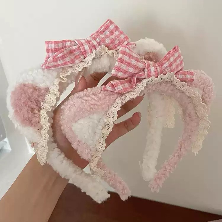 卡通蝴蝶结蕾丝边小熊发箍压发防滑洗脸头箍秋冬甜美发饰毛绒饰品 - 图0