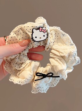韩版春夏新款发圈米色温柔感发饰拼接毛巾绣发绳kt猫扎马尾肠圈女