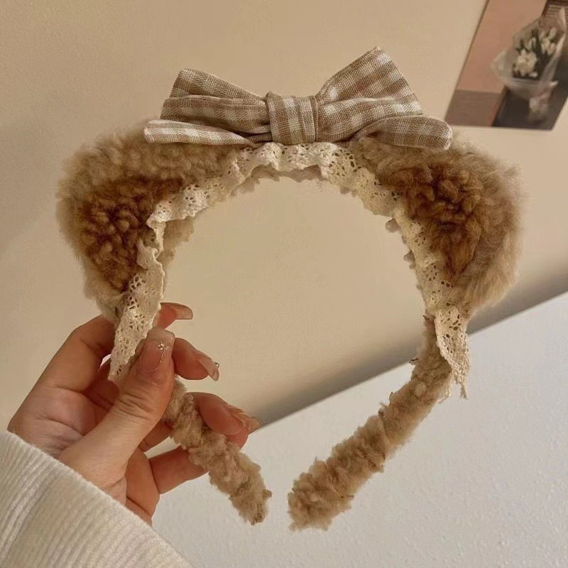 卡通蝴蝶结蕾丝边小熊发箍压发防滑洗脸头箍秋冬甜美发饰毛绒饰品 - 图1