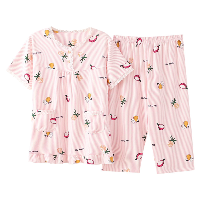 女士纯棉短袖七分裤可外穿中年睡衣 姵娇兰睡衣/家居服套装