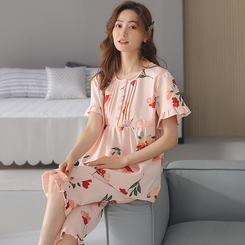 新款女士纯棉短袖7分裤中年睡衣 姵娇兰睡衣/家居服套装