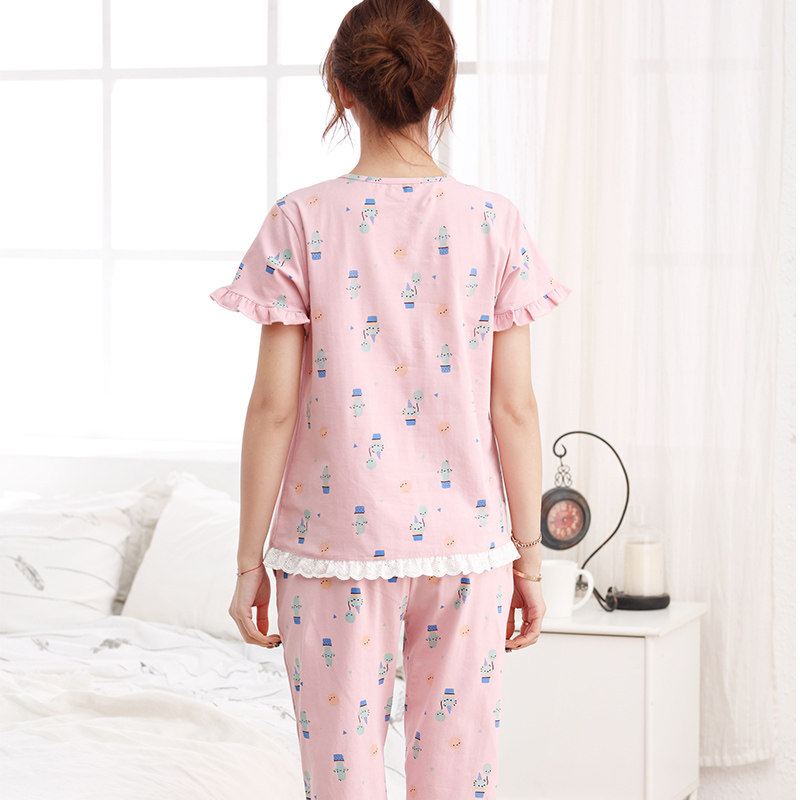 女士纯棉短袖7分裤开衫中年睡衣 姵娇兰睡衣/家居服套装