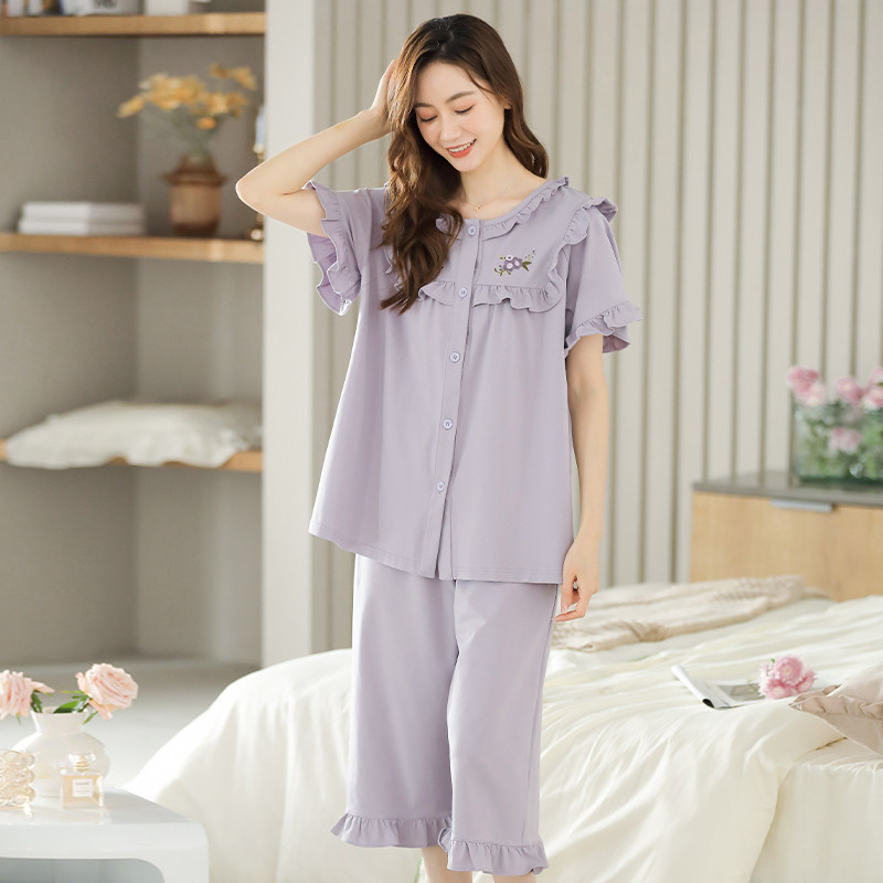 2022年夏季纯棉开衫翻领外穿睡衣 姵娇兰睡衣/家居服套装