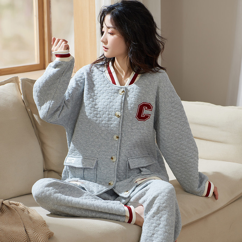 夹层秋冬季长袖薄夹棉休闲纯棉睡衣 姵娇兰睡衣/家居服套装