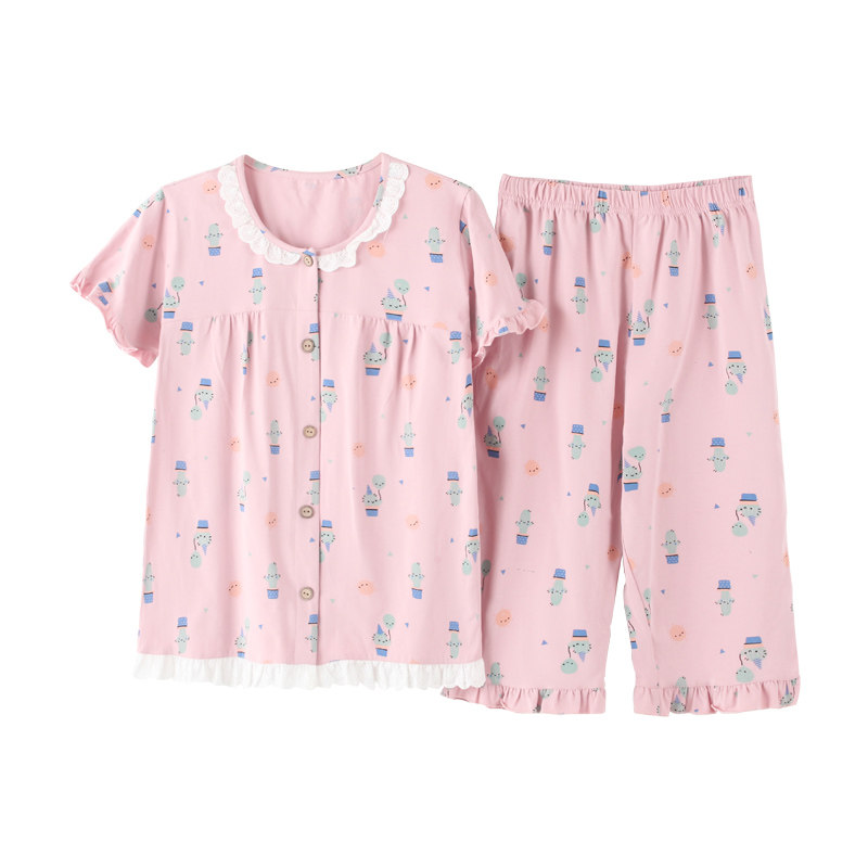 女士纯棉短袖7分裤开衫中年睡衣 姵娇兰睡衣/家居服套装