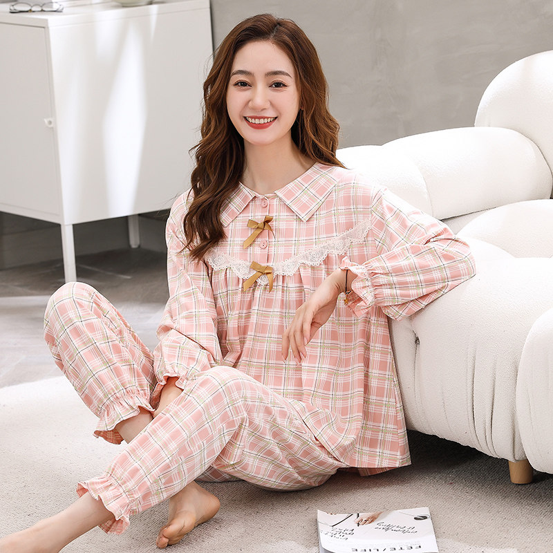 新款春秋季纯棉长袖可外穿格子睡衣 姵娇兰睡衣/家居服套装