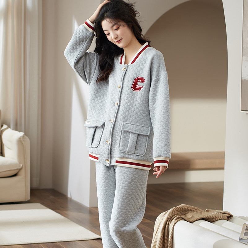 夹层秋冬季长袖薄夹棉休闲纯棉睡衣 姵娇兰睡衣/家居服套装