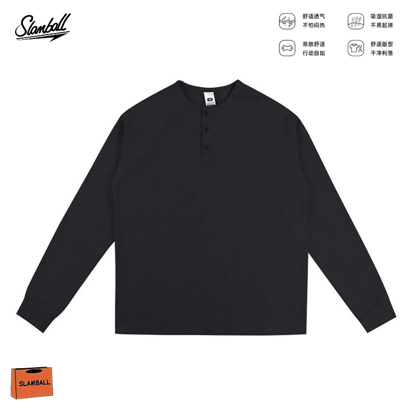 SLAMBALL春夏新款华夫格亨利领休闲运动男女长袖T恤套头上衣美式 - 图3