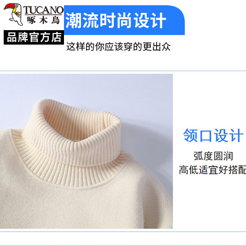 啄木鸟高领毛衣男宽松冬季打底衫潮流毛衫加绒加厚针织衫男毛线衣 - 图2