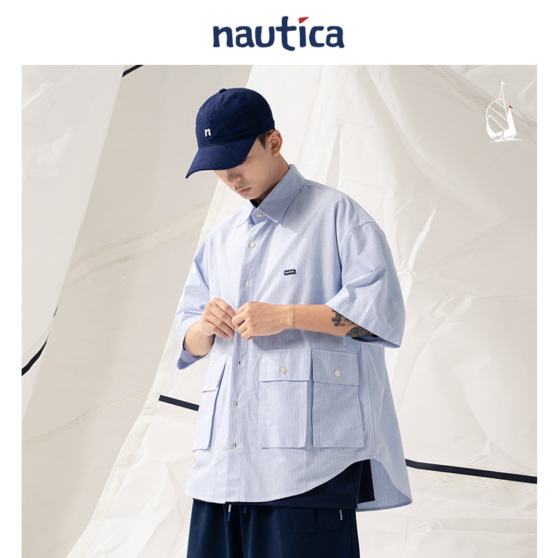 【官方正品】nautica白帆 日系中性多口袋工装条纹衬衫WW4117 - 图2