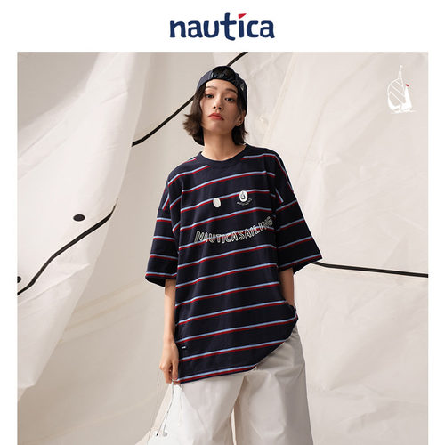 【官方正品】nautica whitesail日系笑脸印花条纹重磅短袖圆领T恤 - 图0