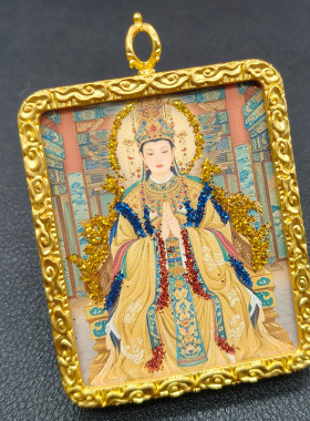 龙虎山道家手绘彩金人物唐卡赵公明财道文化吊坠九天玄女挂件