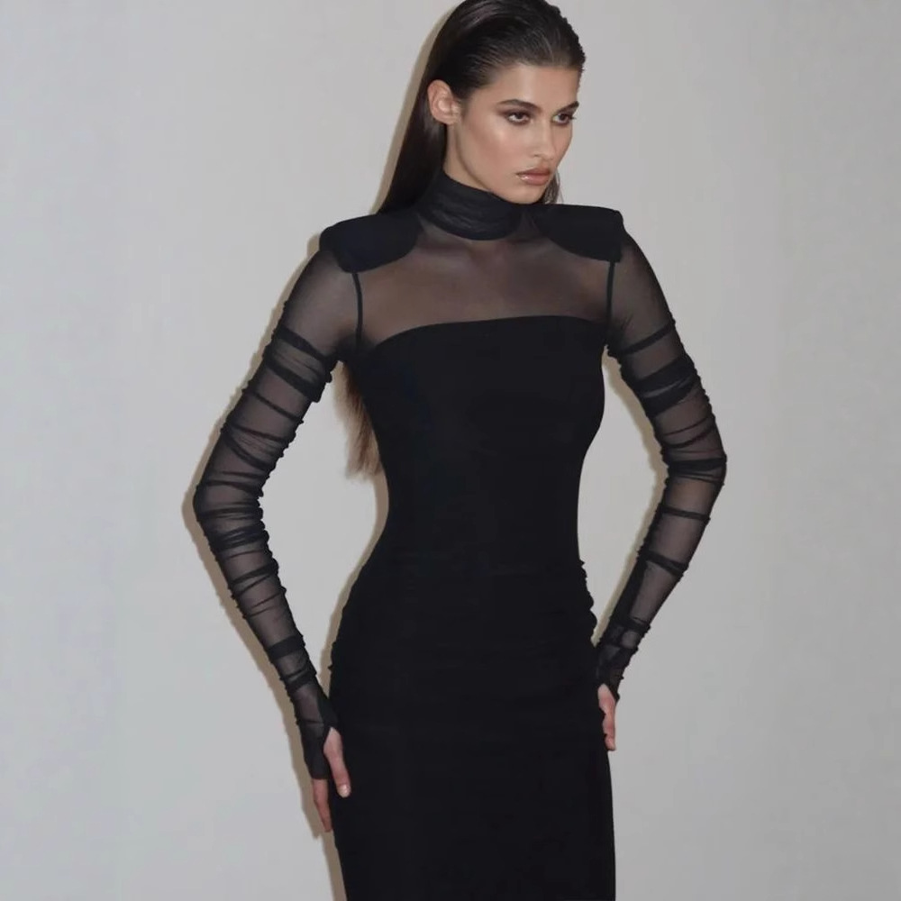 High neck waist cinching sexy dress高领长袖性感修身连衣裙女 - 图2
