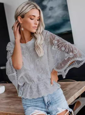 圆领女士短袖衬衫上衣Round neck women's short sleevedshirttop