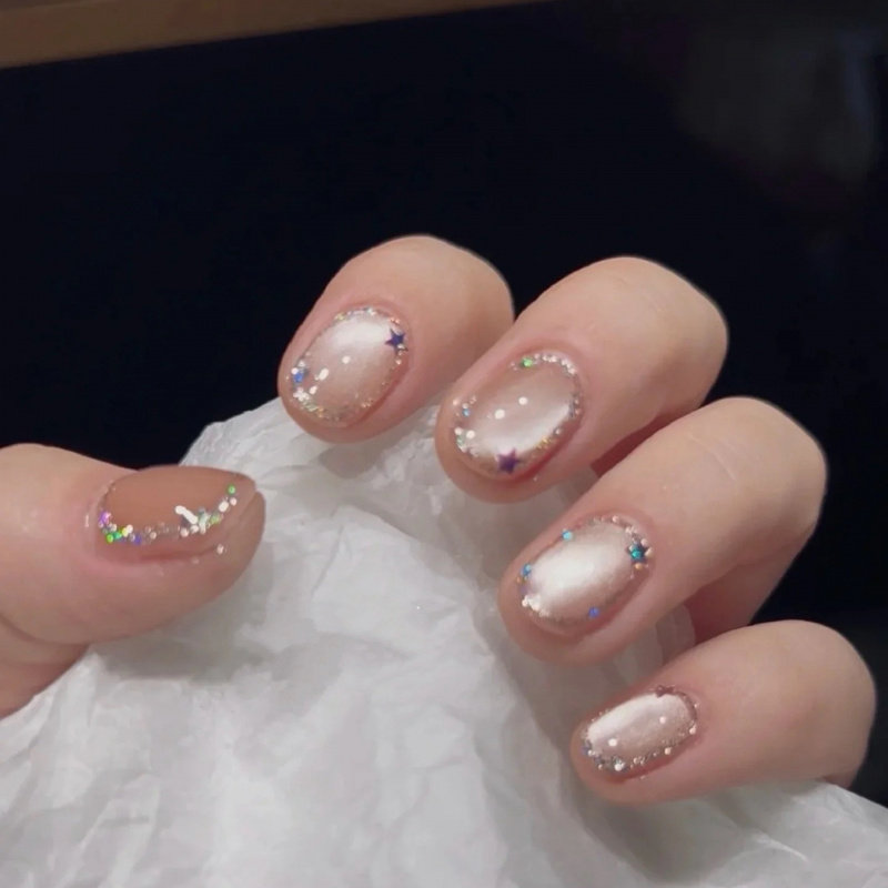 【幻彩星环】温柔风裸粉猫眼穿戴甲星星闪粉精致少女心美甲贴片,淘宝优惠券,粉丝福利购,淘宝优惠卷