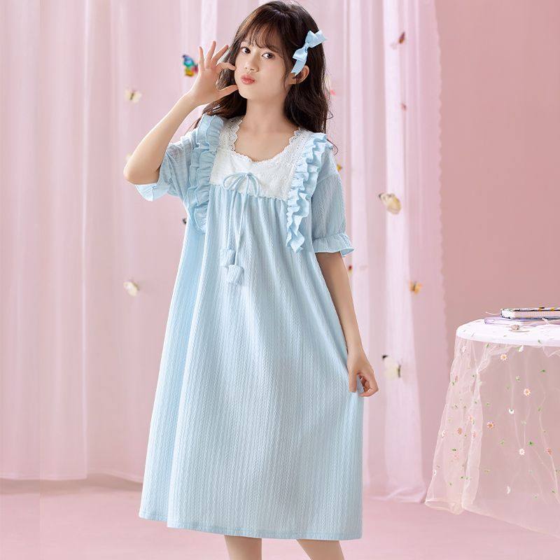 甜美风女童睡裙2026新款夏季纯棉短袖荷叶边中大童家居服睡衣裙,淘宝优惠券,粉丝福利购,淘宝优惠卷