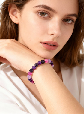紫色条纹手链女新款小清新气质手链百搭8mm珠子手链