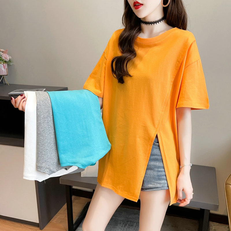 大码女装短袖t恤女夏季韩版宽松中长款纯色不规则开叉上衣服ins潮 - 图3
