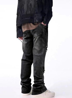 Men's zipper ripped straight leg pants男士拉链破洞直筒长裤