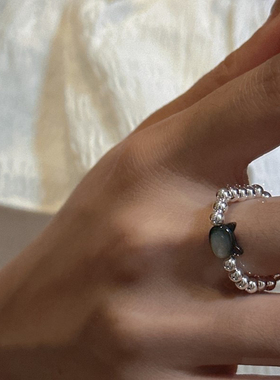 S925纯银韩版小众设计感猫咪母贝串珠戒指女ins风弹力绳时尚指环