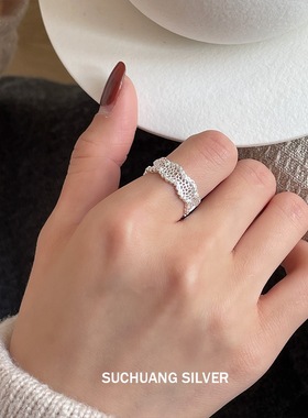 S925纯银镂空蜂窝纹戒指女轻奢韩版气质高级感个性开口食指环指环