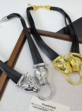 法式复古黑色多层皮质宽版项链女辣妹小众夸张豹子头吊坠锁骨链潮