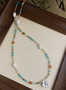 S925纯银天河石橙石榴石项链马蹄螺贝母红东陵玉拉丝婆婆纳四瓣花