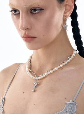 1JINNM2M几何十字架珍珠款项链