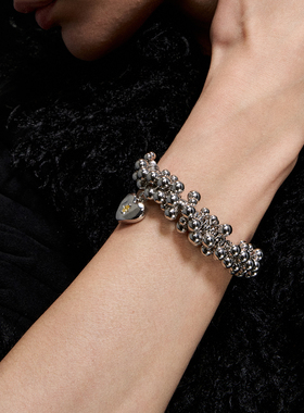 1JINN M2M 时尚光面银珠叠串爱心手镯女小众设计感冷淡风手饰手链