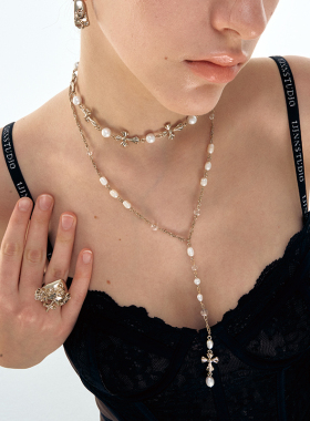 1JINN M2M 双层叠戴珍珠鸢尾叶锁骨链长款轻奢小众设计Y字链项链