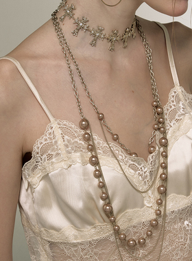 1JINN M2M叠穿双层轻奢小众巴洛克复古金长款珍珠气质毛衣链配饰