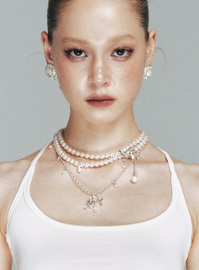 1JINN M2M 双层叠戴珍珠鲸鱼交错choker女小众设计感气质锁骨链