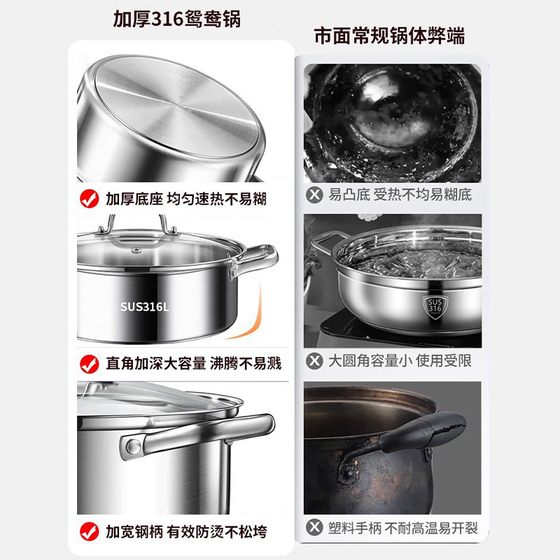 德国316不锈钢清汤锅火锅家用电磁炉专用锅具单锅鸳鸯锅火锅盆锅,淘宝优惠券,粉丝福利购,淘宝优惠卷