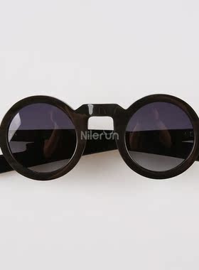 日本手作风宽鼻梁圆形框架黑色水牛角渐近色TAC偏光墨镜太阳眼镜