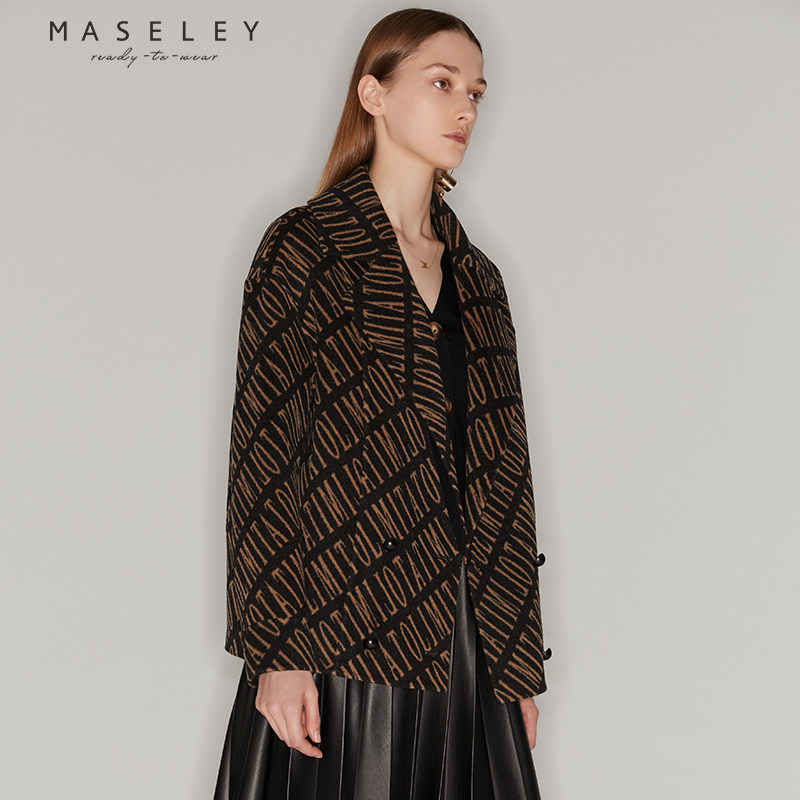 Maseley/玛塞莉热销冬季新款女装时尚直筒气质印花短款毛呢大衣