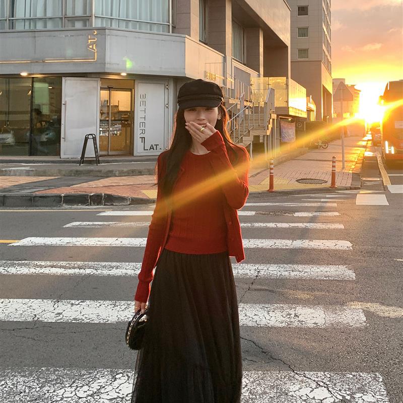 pusumede Daily主义 圆领针织开衫女修身无袖吊带背心上衣两件套 - 图0