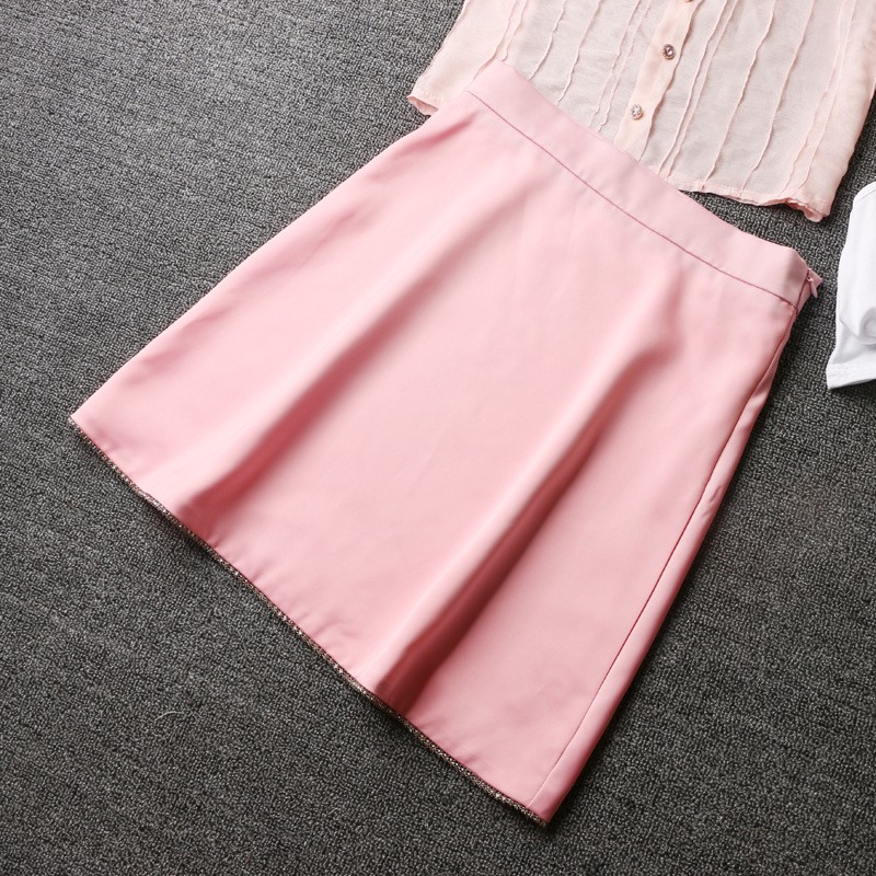 徐璐明星同款休闲春夏新款少女粉红色时尚上衣和A字摆短套装 - 图3