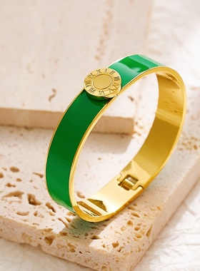 新款欧美跨境弹簧手镯 圆形罗马数字彩色珐琅滴胶钛钢手镯女