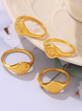 欧美时尚个性小众冷淡风饰品雕刻花环环绕太阳设计感钛钢镀金戒指