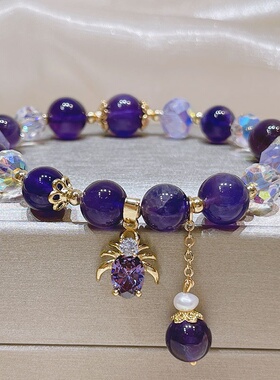 新款紫水晶手链女个性设计水晶带蜘蛛郁金香民族风手饰送女友闺蜜