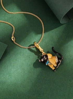 欧美个性设计时尚立体珐琅彩镶钻黑色卫衣猫咪吊坠项链挂坠书包链