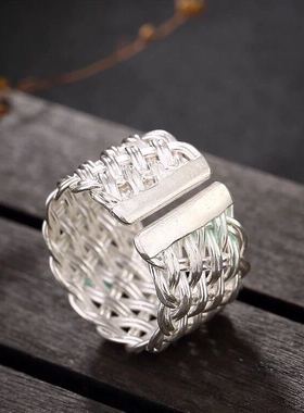 八宝银匠S925纯银泰国清迈手工编织夸张个性百搭开口女士戒指指环