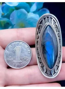 尼泊尔手工银色藏式复古戒指开口天然拉长石首饰生日礼物饰品