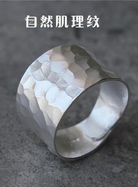 原创手工指环镀白金色时尚云丝纹宽版锤纹戒指男女开口食指戒