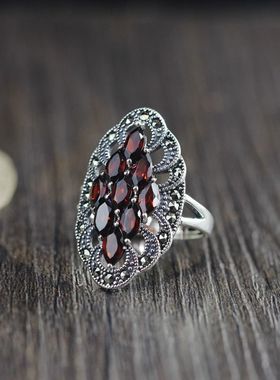 仿古菱形长款石榴石S925纯银泰银工艺女绿锆石食指戒指吊坠女泰国