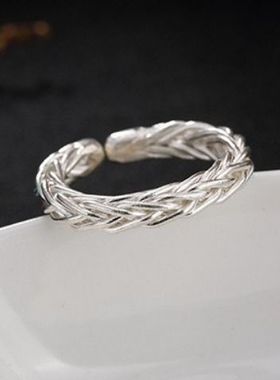 慕雅S925银开口戒指女泰国手工银银线编织复古独特淑【新疆专链】
